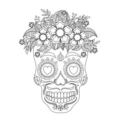 Skull coloring book illustration. Black and white lines. Print for t-shirts and coloring books.