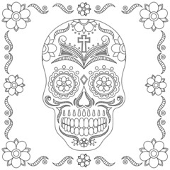 Skull coloring book illustration. Black and white lines. Print for t-shirts and coloring books.