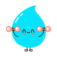 Cute funny crying water drop character with dumbbells. Vector hand drawn cartoon kawaii character illustration icon. Isolated on white background. Crying water drop character gym concept