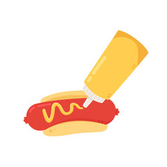 Hot Dog cartoon vector. Mustard on Hot Dog. Mustard bottle vector.