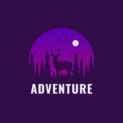 Deer silhouette circle with sun wildlife logo graphic design vintage vector template.