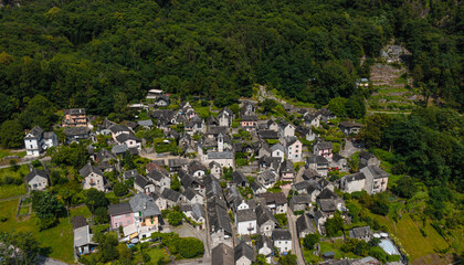 Top view of the village of Avegno in Ticino, Switzerland. Shooting with the drone.