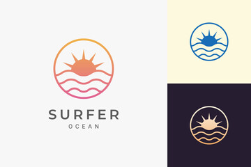 Simple sea or surf logo with ocean wave and sun in circle shape