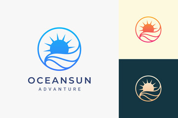 Simple sea or surf logo with ocean wave and sun in circle shape