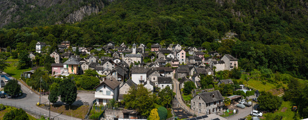 Top view of the village of Avegno in Ticino, Switzerland. Shooting with the drone.