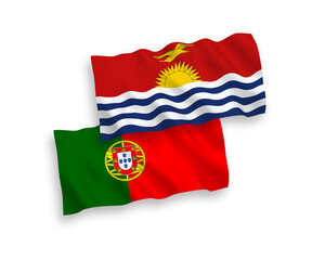 National vector fabric wave flags of Portugal and Republic of Kiribati isolated on white background. 1 to 2 proportion.