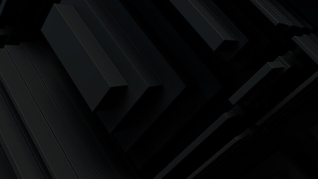 Black, Tech Background with a Geometric 3D Structure. Dark, Stepped design with Extruded Futuristic Forms. 3D Render.