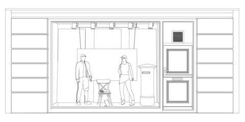 Outline of a shop window with mannequins in clothes made of black lines isolated on a white background. Front view. Vector illustration