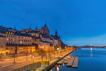 Obraz premium Stockholm Sweden, night city skyline at Gamla Stan and Slussen