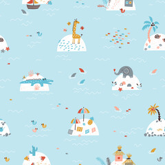 Fototapeta na wymiar Cute Blue Sea and Islands with African Animals, Houses, Tropical Beaches, Palm Trees. Summer Seamless Pattern for Children. Colorful Background for Kids. Baby Wallpaper