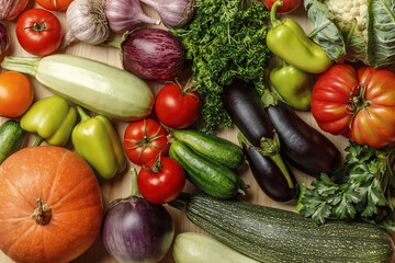 Harvest a lot of different vegetables and herbs. Autumn background top view