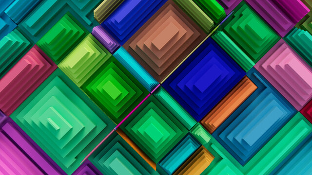 Multicolored, Tech Background with a Geometric 3D Structure. Bright, Stepped design with Extruded Futuristic Forms. 3D Render.