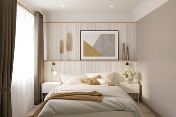 A bright bedroom in beige tones with a horizontal poster and decor on the headboard, a window with...