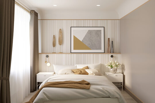 A bright bedroom in beige tones with a horizontal poster and decor on the headboard, a window with brown curtain, knitted pillows and a blanket on the bed, light tulips on the bedside table. 3d render