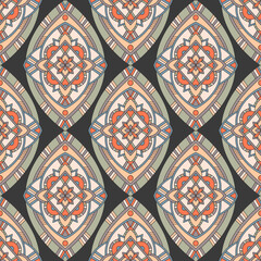 Ethnic Tribal Argyle Seamless Pattern. Traditional Boho Ikat Ornament of Doodle Rhombuses. Vector Abstract Mosaic Geometric Diamond Shapes Vector Colorful Background