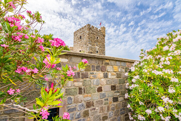 A Tower of Bodrum Castle and Bodrum harbour background, Turkey