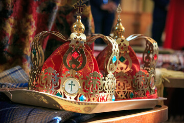 Wedding church crowns. Christian relics. Wedding ceremony.