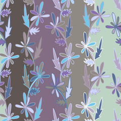 Vector seamless colorful design pattern botanical cute spring herbs and flowers in purple and green tones