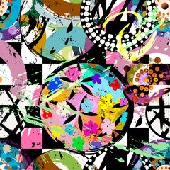 seamless geometric pattern background, retro, vintage style, with circles, stripes, flowers, paint strokes and splashes
