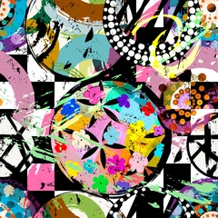 Gordijnen seamless geometric pattern background, retro, vintage style, with circles, stripes, flowers, paint strokes and splashes © Kirsten Hinte
