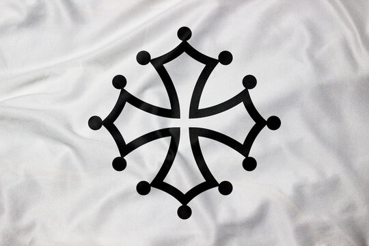 Flag of Occitania - Occitan cross, realistic rendering with texture