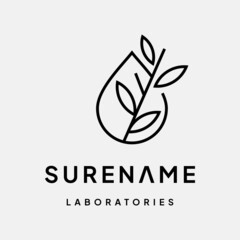 mono line green leaves lab with drop water logo illustration custom logo design vector