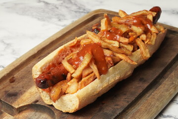 sausage with fries sandwich 