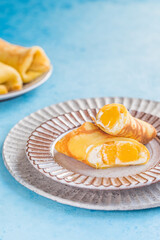 Sticky rice and mango crepe cake roll , .Hong Kong , Thai food style in summer