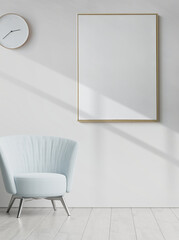 Interior with armchair, clock and empty frame on white wall background.