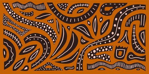 Creative horizontal abstract hand drawn pattern on terracotta background.  Modern vector print.	
