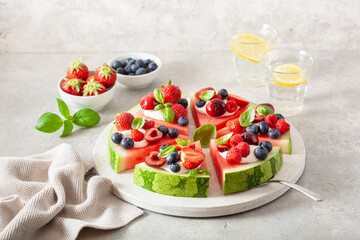 watermelon pizza slices with yogurt and berries, summer dessert
