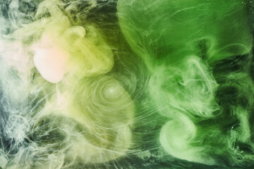 Abstract green color background. Swirling vibrant hookah smoke, underwater emerald ocean, dynamic paint in water