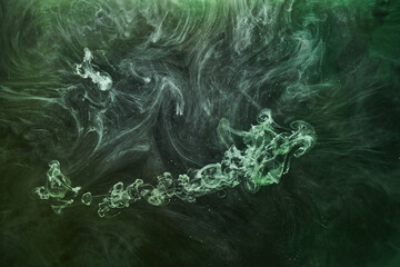 Abstract green color background. Swirling vibrant hookah smoke, underwater emerald ocean, dynamic paint in water