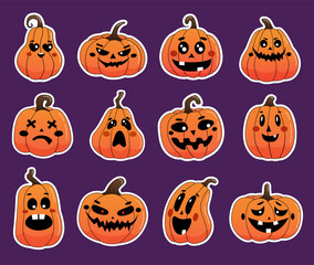 Halloween pumpkin stickers with white outline. Sticker set. Vector illustration.