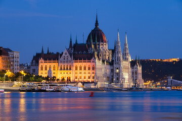 Fototapeta na wymiar Budapest, Hungary. A classic view of the historic parliament building. Danube River and Parliament at hight.