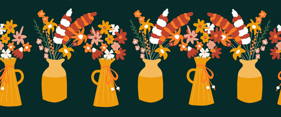 Autumn Flower vase seamless vector border. Repeating horizontal pattern with colorful fall flowers. Use for autumn decor, Thanksgiving, greeting cards, fabric trim, footer, banner, headers.