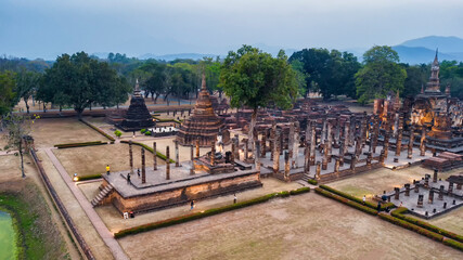 Fototapeta na wymiar Sukhothai Historical Park in Sukhothai province, Thailand. Aerial view from flying drone