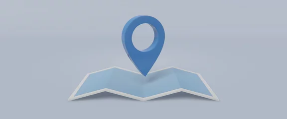 Foto op Plexiglas Search concept with simple locator mark of map and location pin or navigation map pointer symbol on blue background. Route planner, milestone path concept. 3D render © ptgregus