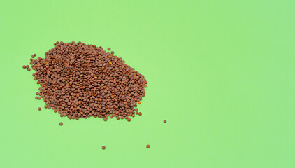 a lot of legumes, raw lentils on a green background. concept of cooking, food and healthy lifestyle. food with fiber and iron. copy space