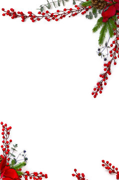 Christmas decoration. Red berry and blue dry flowers, red poinsettia, christmas tree, pine cone, eucalyptus leaves on a white background with space for text. Top view, flat lay