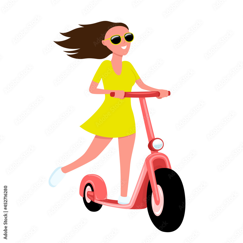 Poster woman in sunglasses rides an electric scooter on a white background.