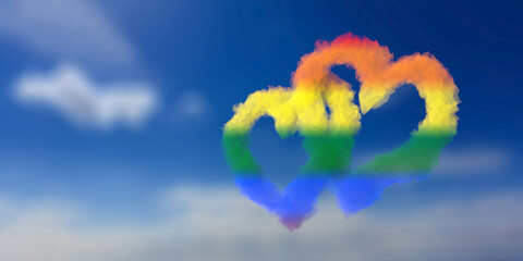 Gay pride rainbow colors heart shape clouds interlocking on blue sky background, copy space. 3d illustration