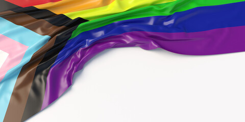 Gay pride sign redesign. Rainbow colors, new LGBT progress flag, on white background, copy space, 3d illustration