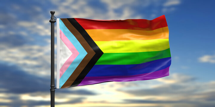 Rainbow colors, new LGBT progress flag, Gay pride sign redesign waving on blue sky background, 3d illustration