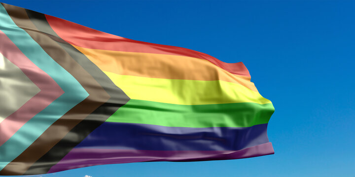 Gay Pride Sign Redesign. Rainbow Colors, New LGBT Progress Flag, Waving On Blue Sky Background, 3d Illustration