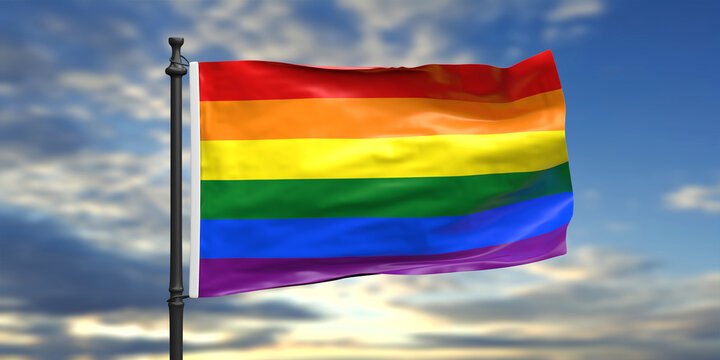 Gay pride sign symbol. Rainbow colors LGBT flag, blue sky background, 3d illustration