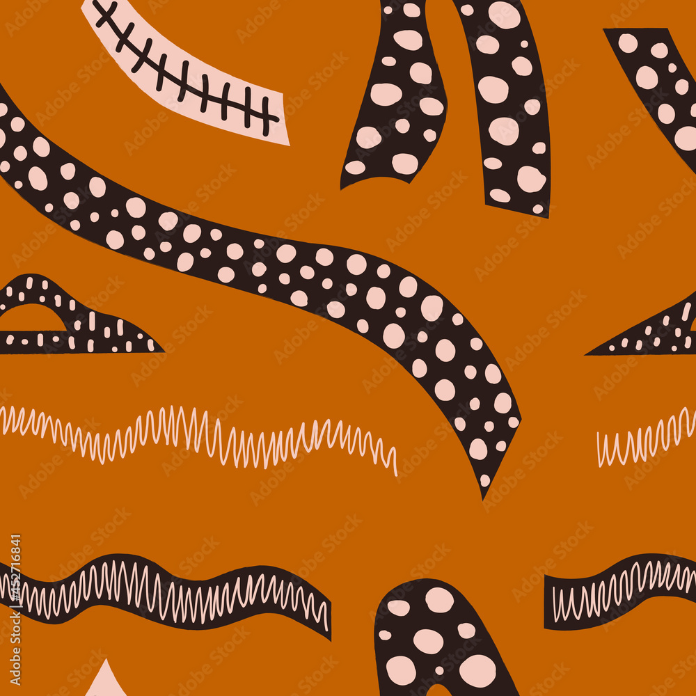 Aufkleber creative collage seamless pattern with colorful abstract hand drawn geometric shapes on terracotta b