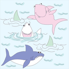 Print Childish cute cartoon sharks. Hand drawing.