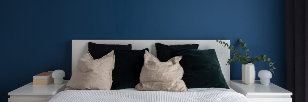 Navy Blue Wall In Bedroom With Double Bed, Panorama