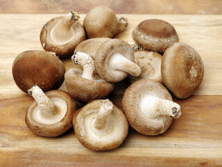 Shiitake mushrooms on the wooden background.